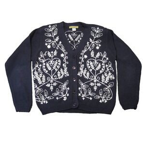 Bryn Connelly Cardigan Sweater M Navy White Embroidery Button Up Cottage Grandma